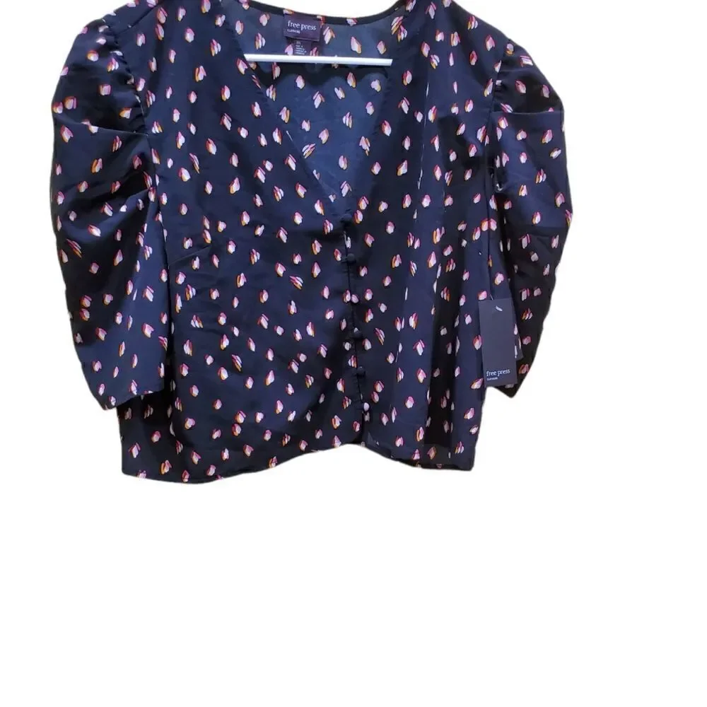 Free Press NWT Puff Sleeve Floral Crop Top XXL Black Pink - Picture 2 of 9